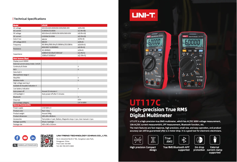 Page 1 de la notice Fiche technique Uni-T UT117C