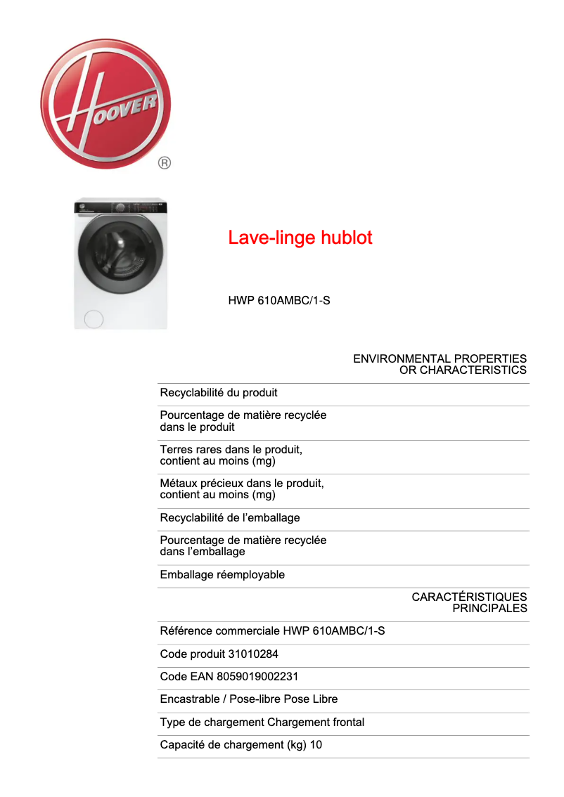 Page 1 de la notice Fiche technique Hoover HWP 610AMBC/1-S
