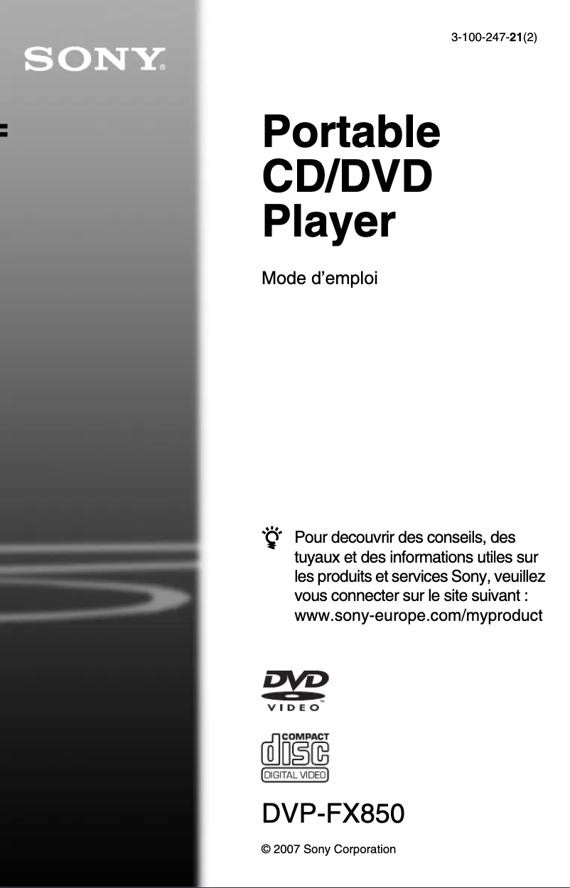 Page 1 de la notice Manuel utilisateur Sony DVP-FX850