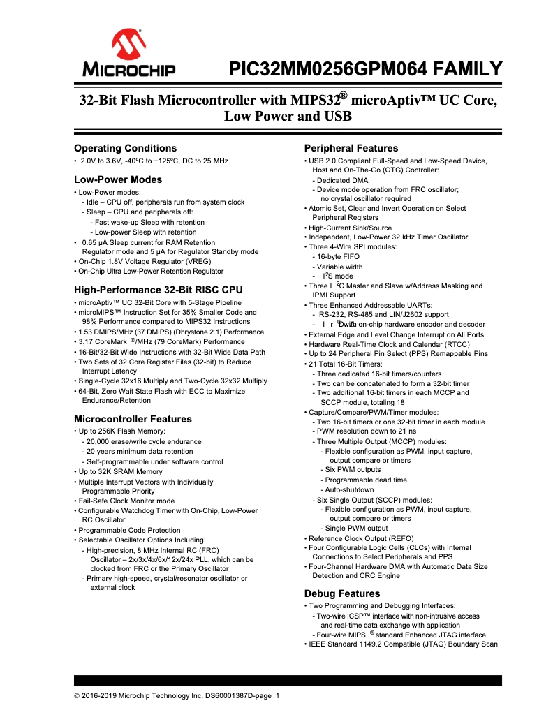 Page 1 de la notice Fiche technique Microchip PIC32MM0064GPM036