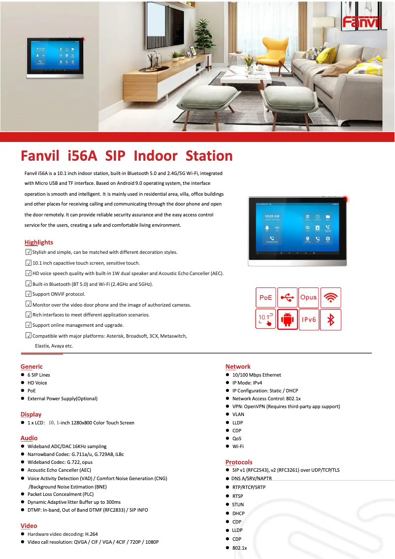 Page 1 de la notice Fiche technique Fanvil i56A