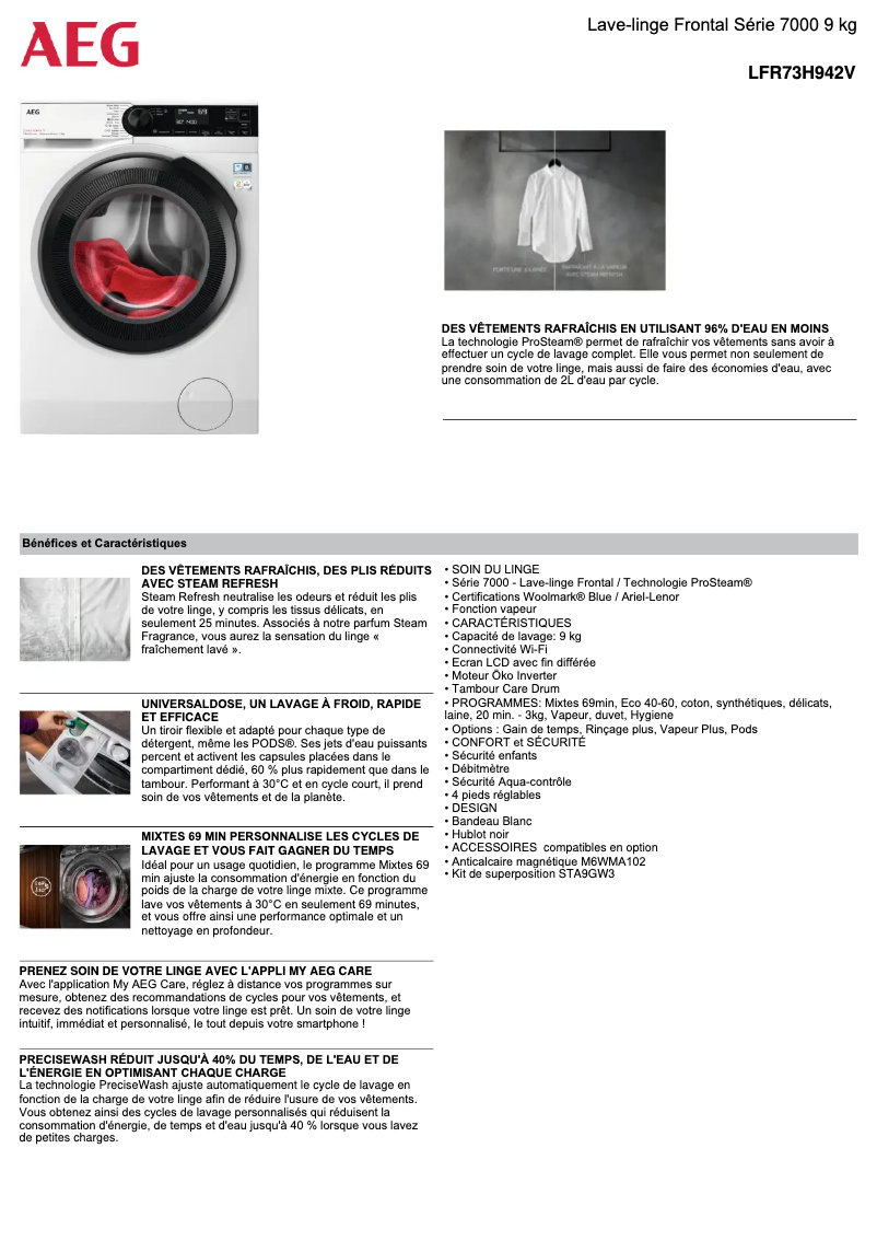 Page 1 de la notice Fiche technique AEG LFR73H942V