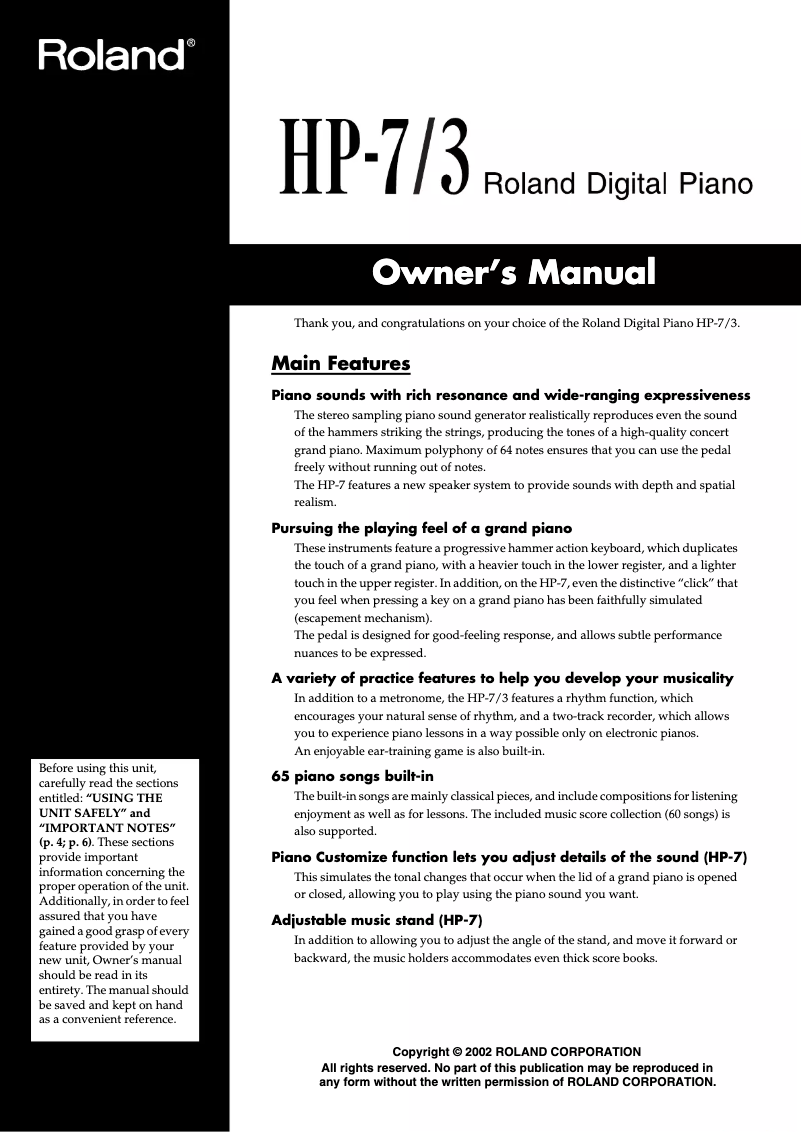 Page n°1 - Manuel utilisateur Roland HP-7