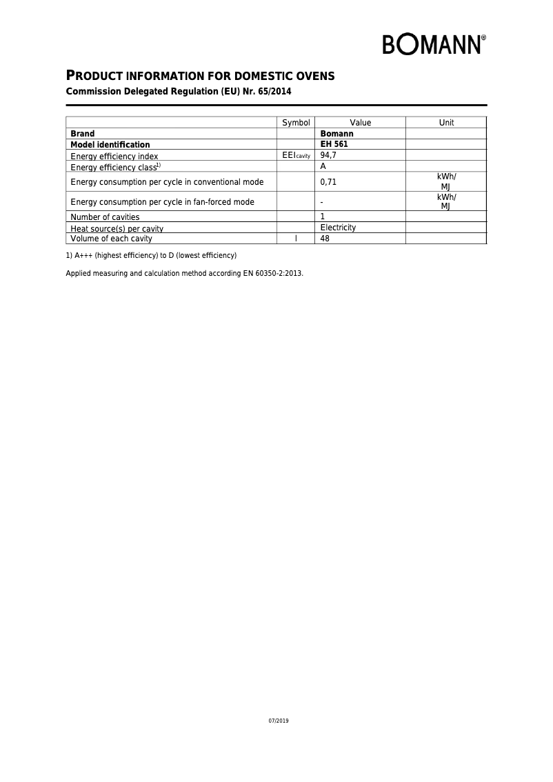 Page 1 de la notice Fiche technique Bomann EH 561
