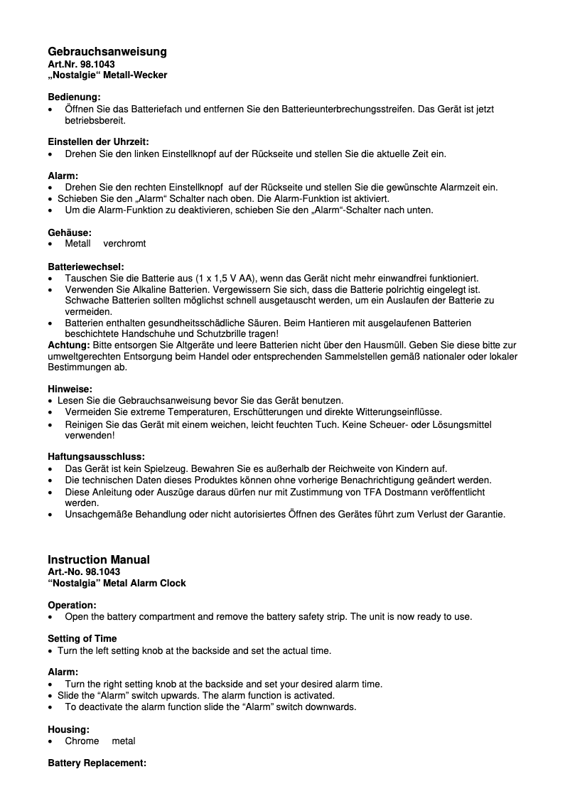 Page 1 de la notice Manuel utilisateur TFA 98.1043