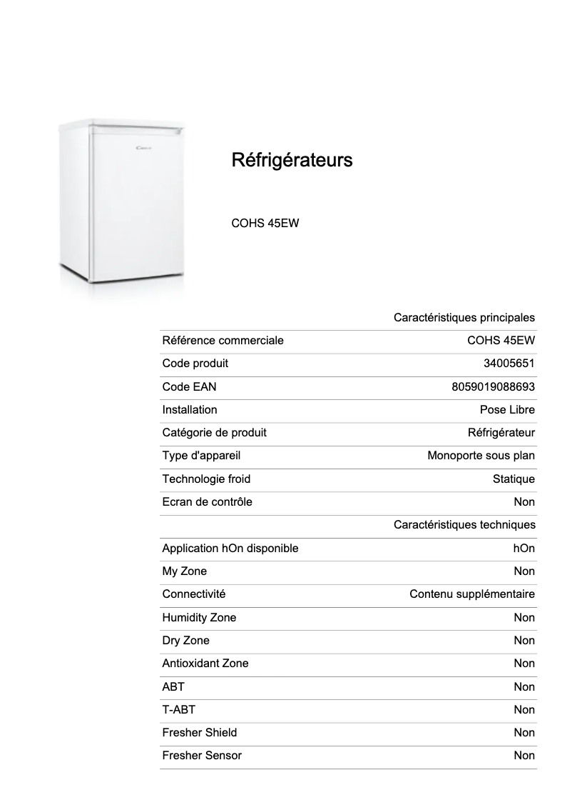 Page 1 de la notice Fiche technique Candy COHS 45EW