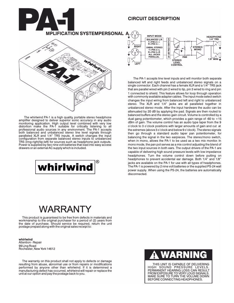 Page n°1 - Manuel utilisateur Whirlwind PA-1