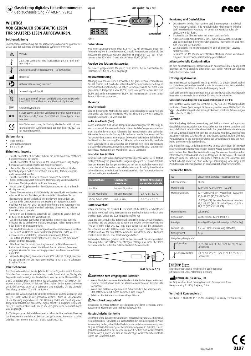 Página 1 del manual Manual de usuario Reer ClassicTemp 98102