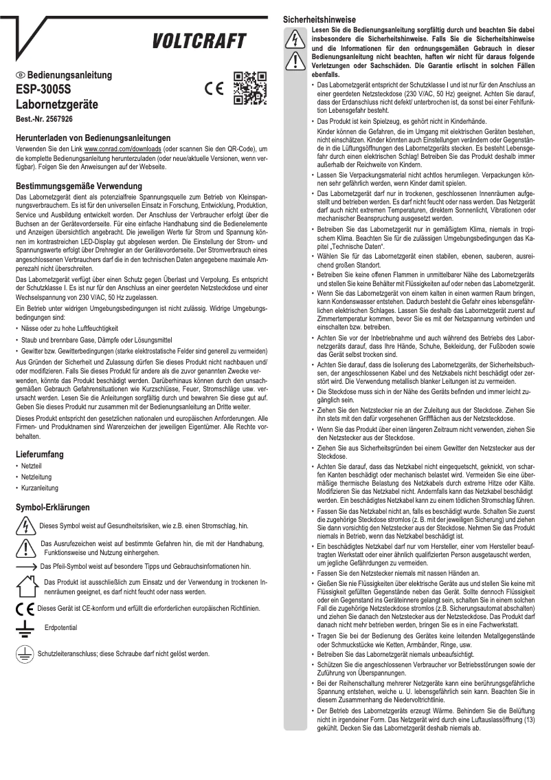 Page n°1 - Manuel utilisateur Voltcraft ESP-3005S