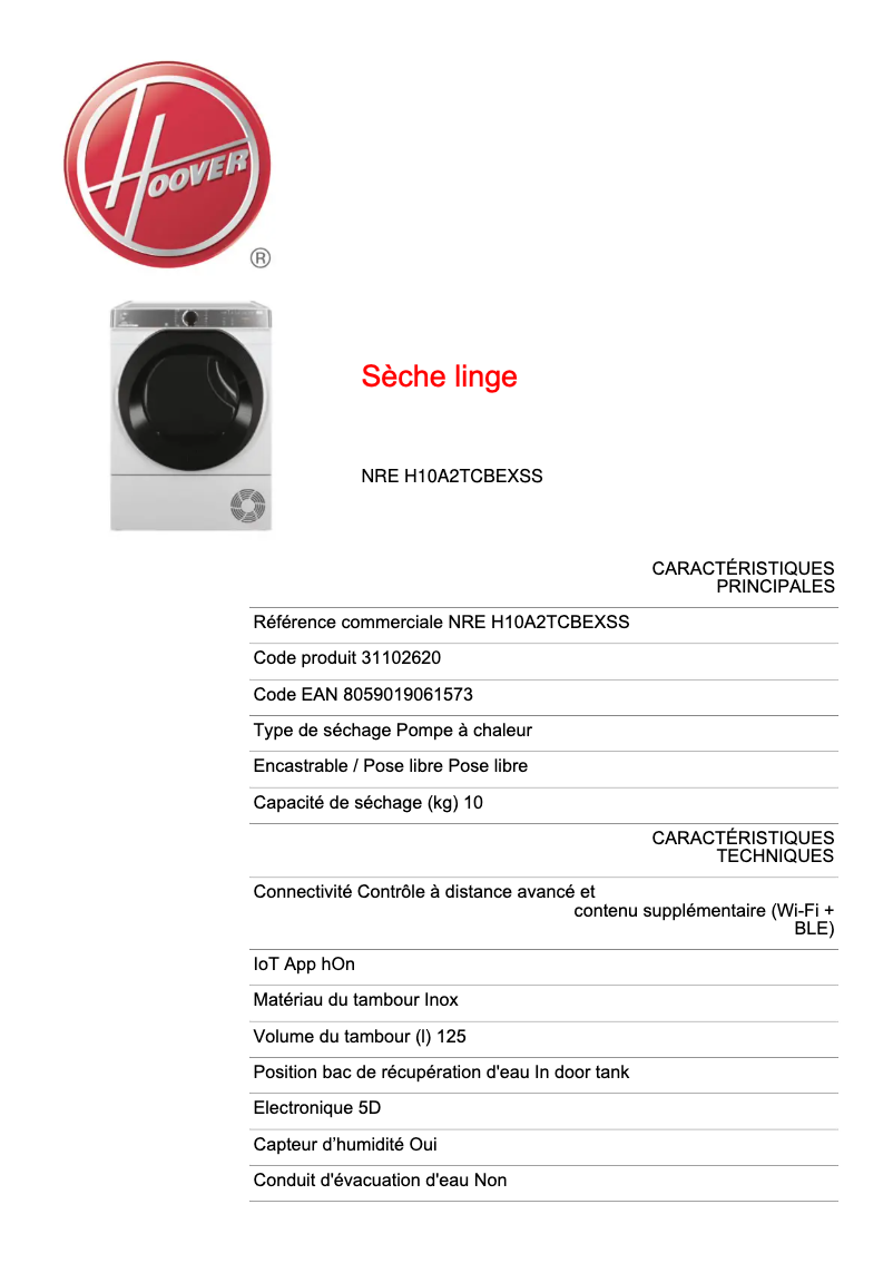 Page n°1 - Fiche technique Hoover H-DRY 500 ND H10A2TCBEXS-S