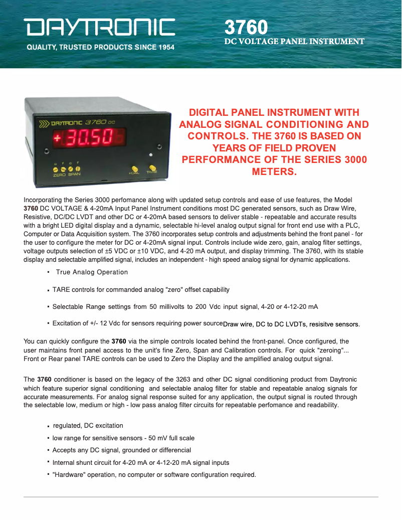 Page 1 de la notice Fiche technique Daytronic 3760