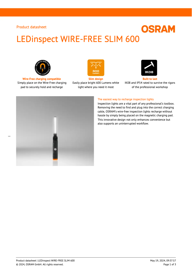 Page 1 de la notice Fiche technique Osram LEDinspect WIRE-FREE SLIM 600