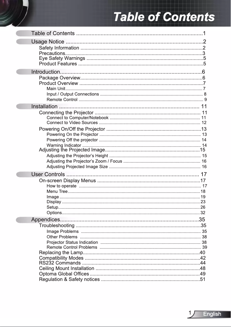 Page 1 de la notice Manuel utilisateur Optoma DS216