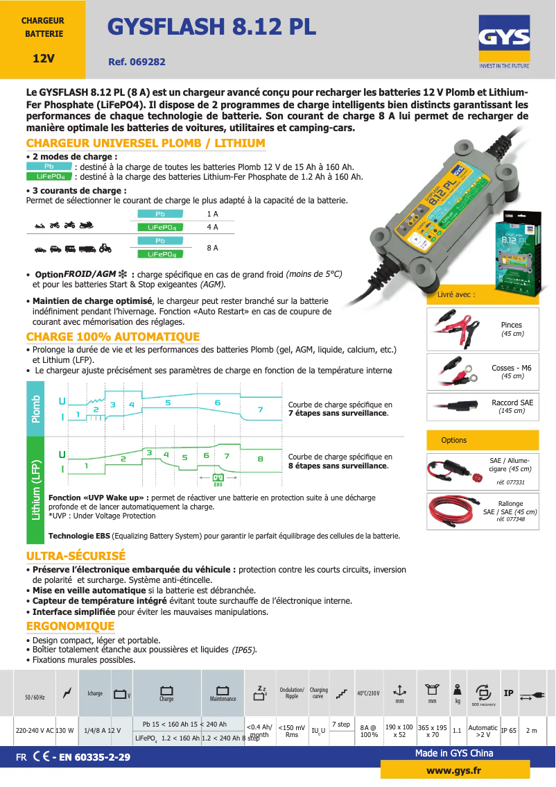 Page 1 de la notice Fiche technique GYS Gysflash 8.12 PL