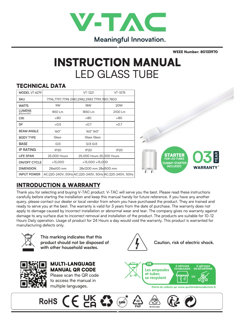 Page 1 de la notice Manuel utilisateur V-TAC VT-1221