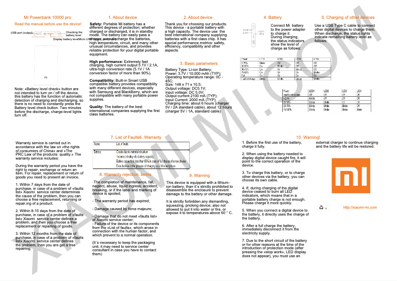 Page 1 de la notice Manuel utilisateur Xiaomi Mi Power Bank Pro 10000mAh Type-C