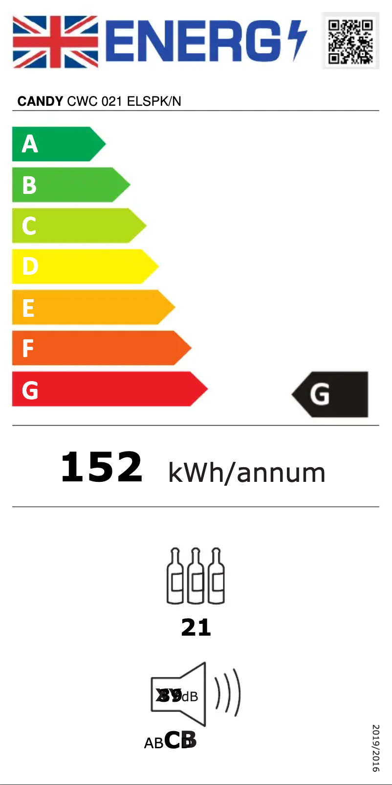 Page 1 de la notice Label énergétique Candy CWC 021 ELSPK/N