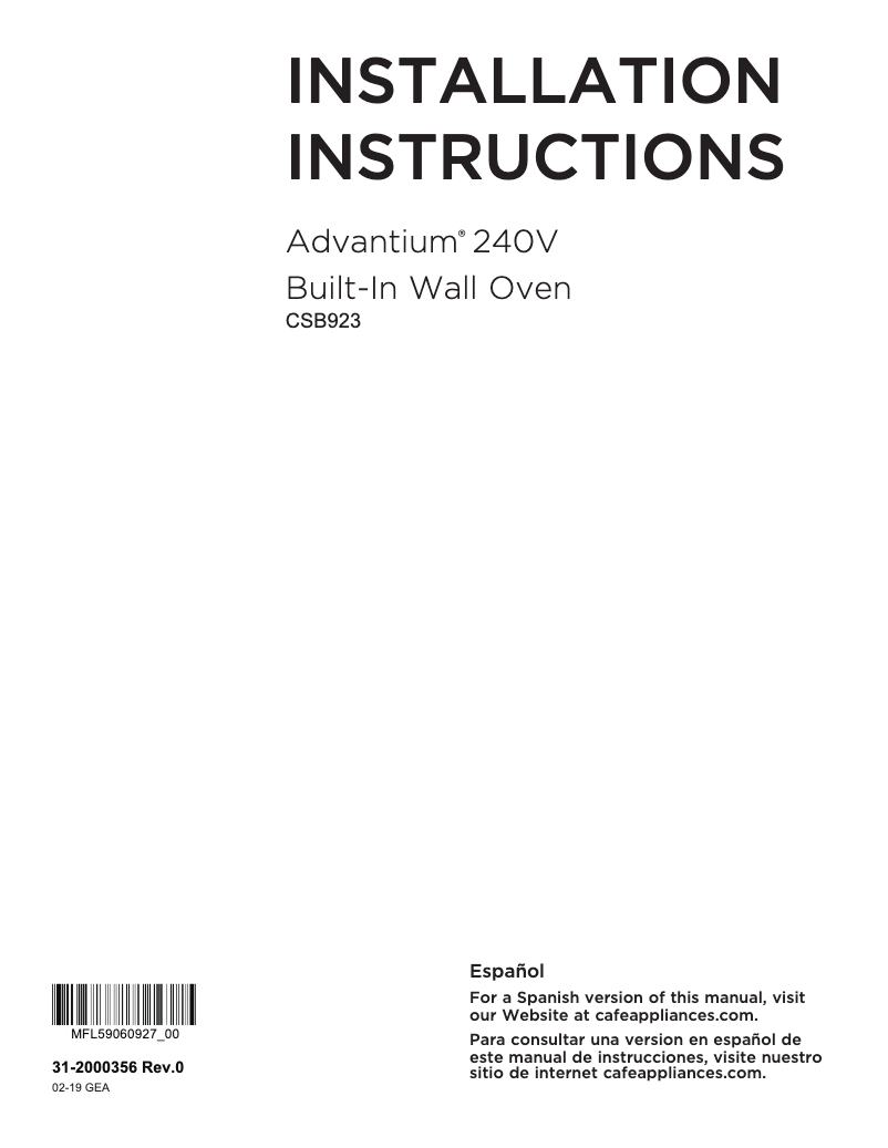 Page 1 de la notice Guide d'installation GE CSB923P2NS1