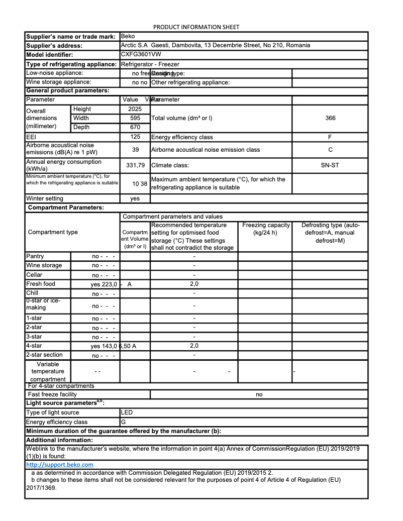 Page 1 de la notice Fiche technique Beko CXFG3601VW