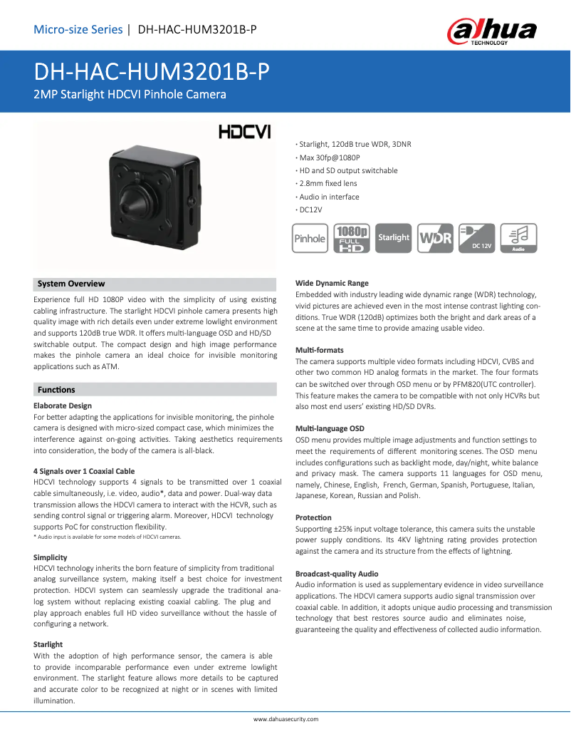 Page 1 de la notice Fiche technique Dahua Technology HAC-HUM3201B-P