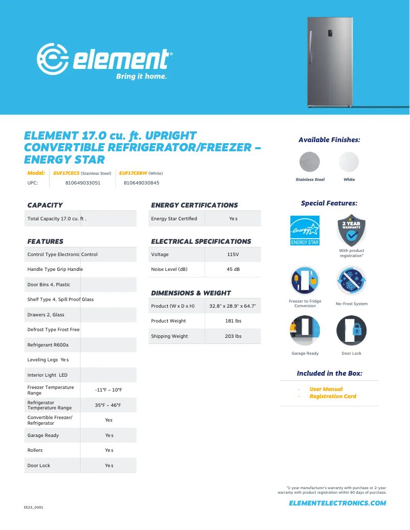 Page 1 de la notice Fiche technique Element EUF17CECS