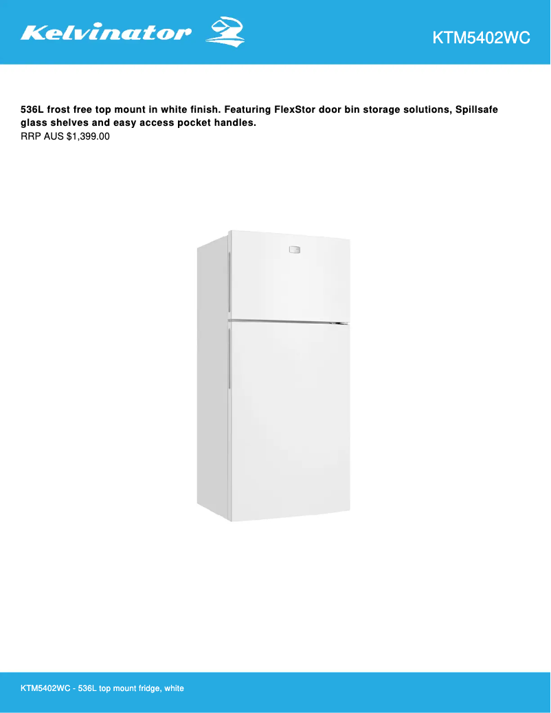 Page 1 de la notice Fiche technique Kelvinator KTM5402WC