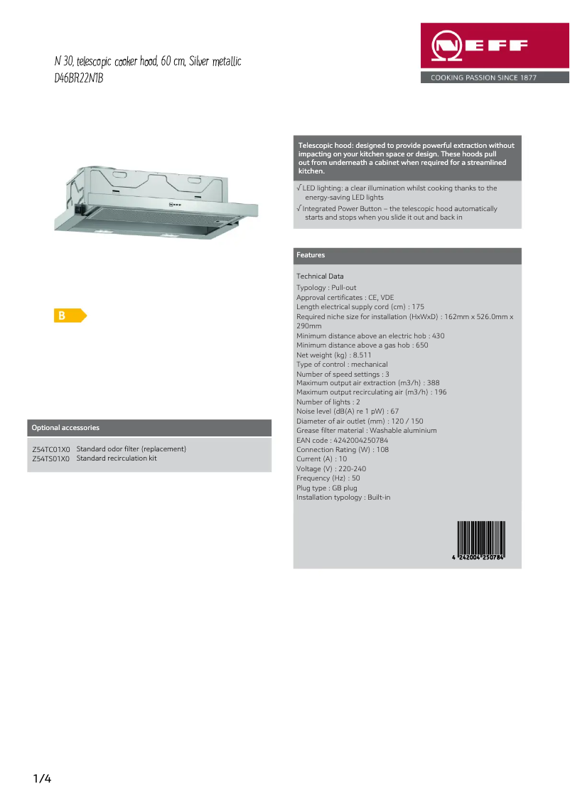 Page 1 de la notice Fiche technique Neff D46BR22N1B