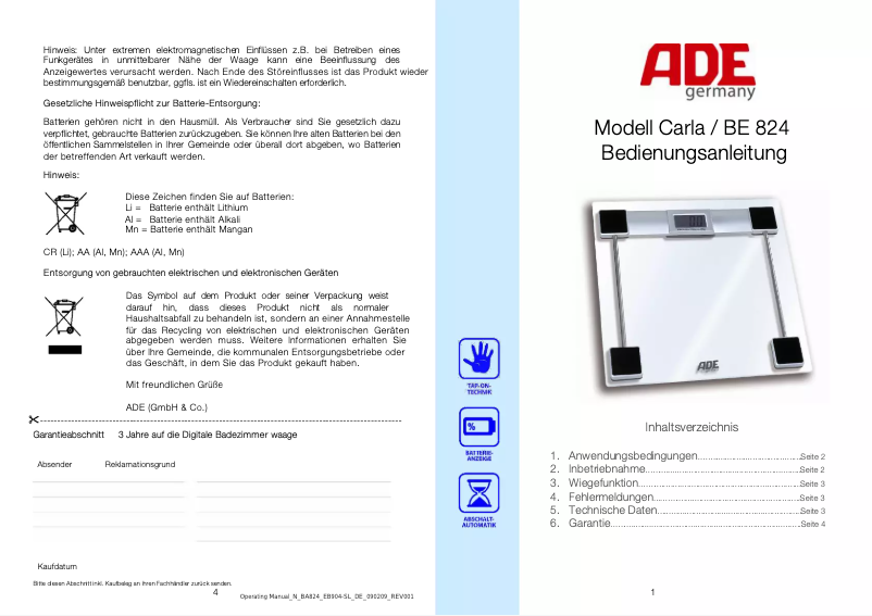 Page 1 de la notice Manuel utilisateur ADE Carla BE 824