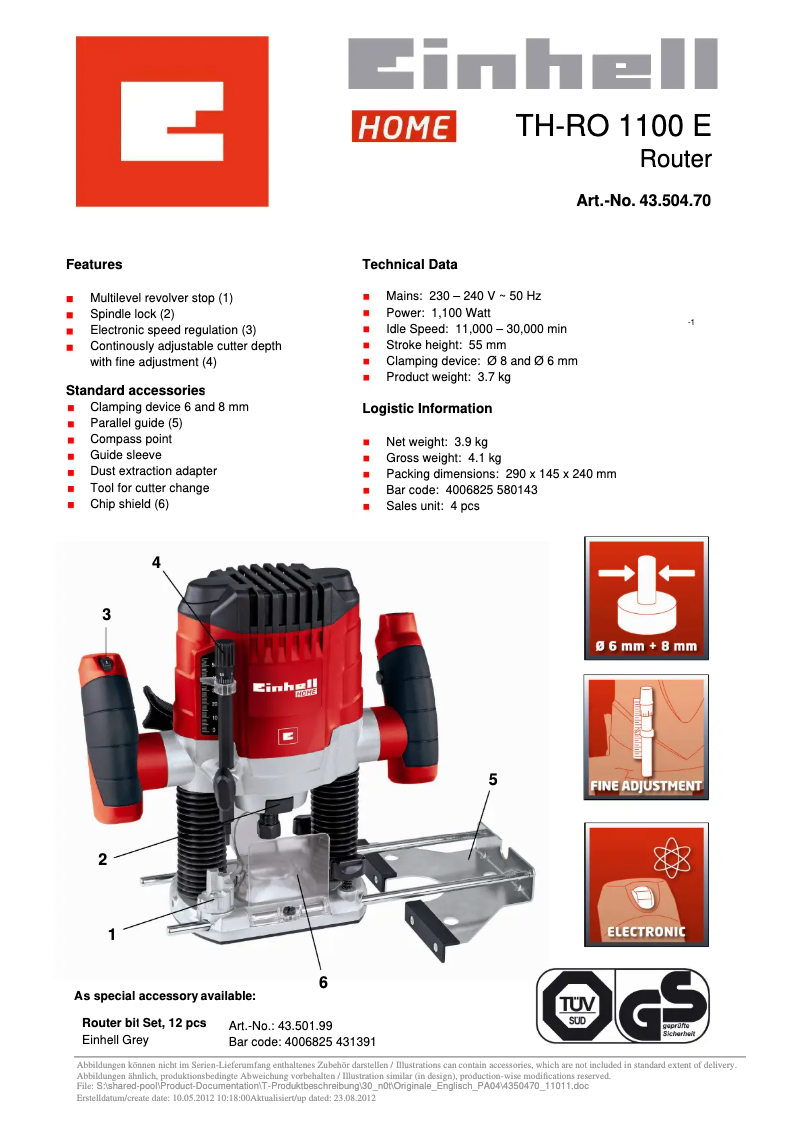Page n°1 - Fiche technique Einhell TH-RO 1100 E