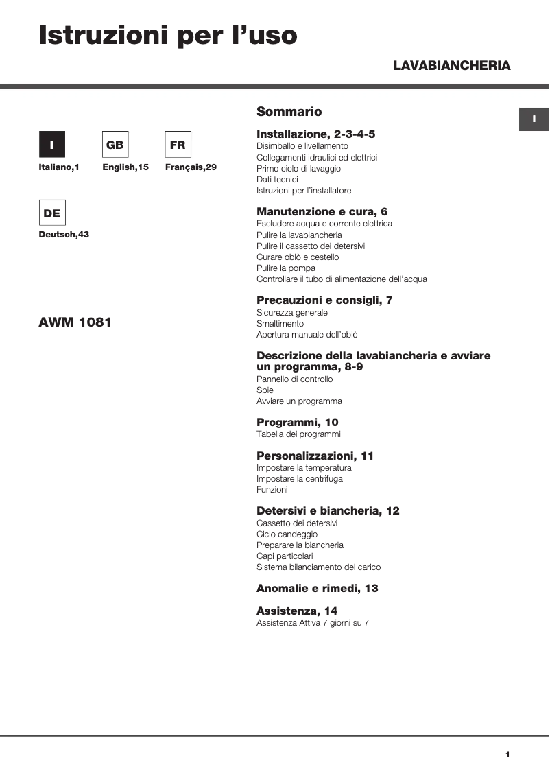 Page 1 de la notice Manuel utilisateur Hotpoint AWM 1081 EU