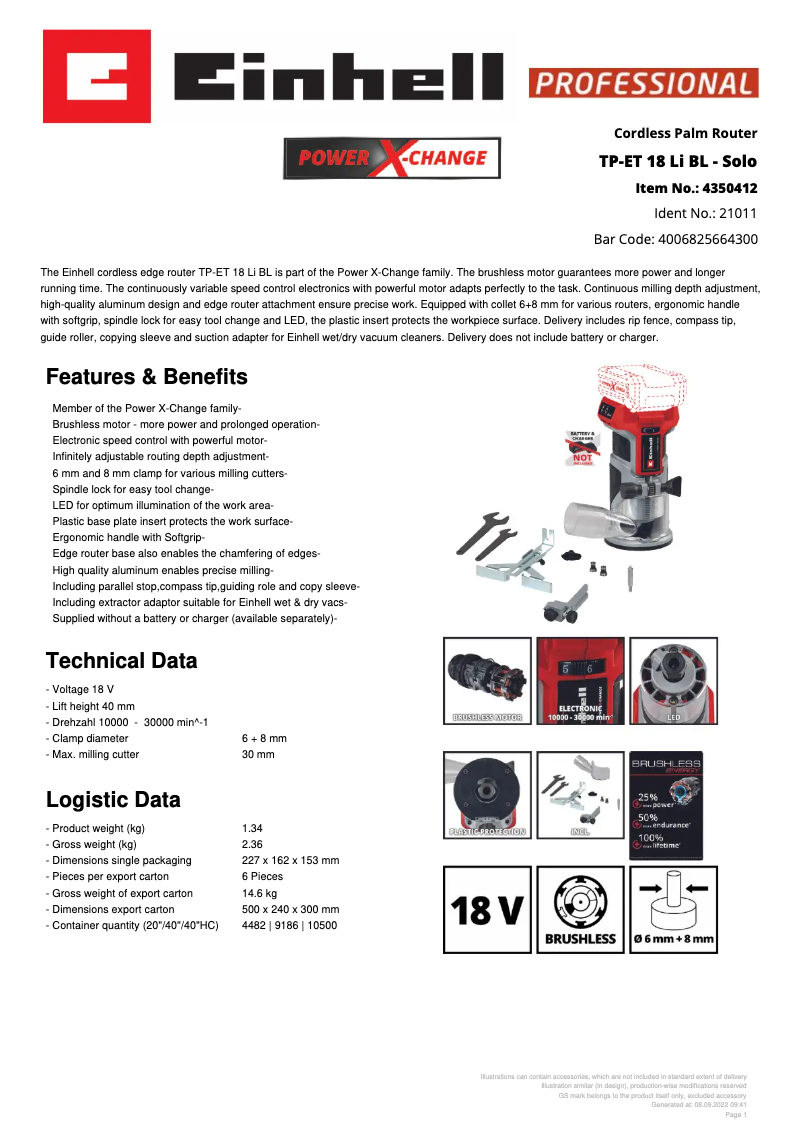 Page 1 de la notice Fiche technique Einhell TP-ET 18 Li BL