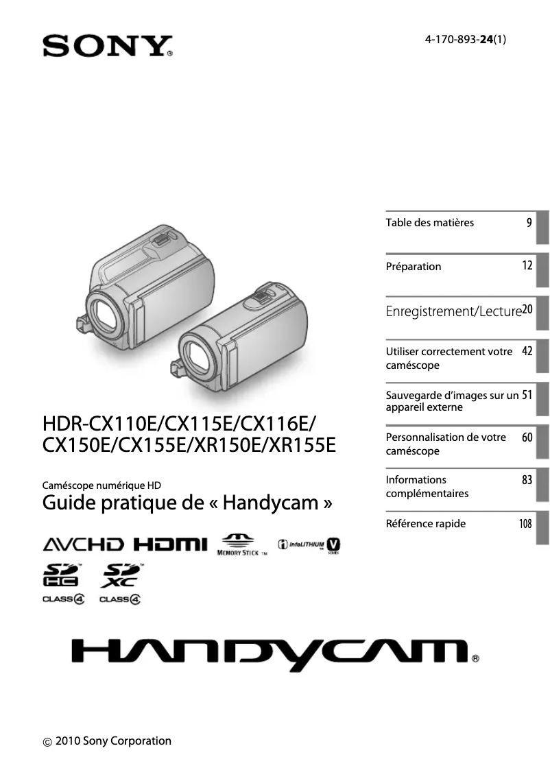 Page n°1 - Manuel utilisateur Sony HDR-CX155E