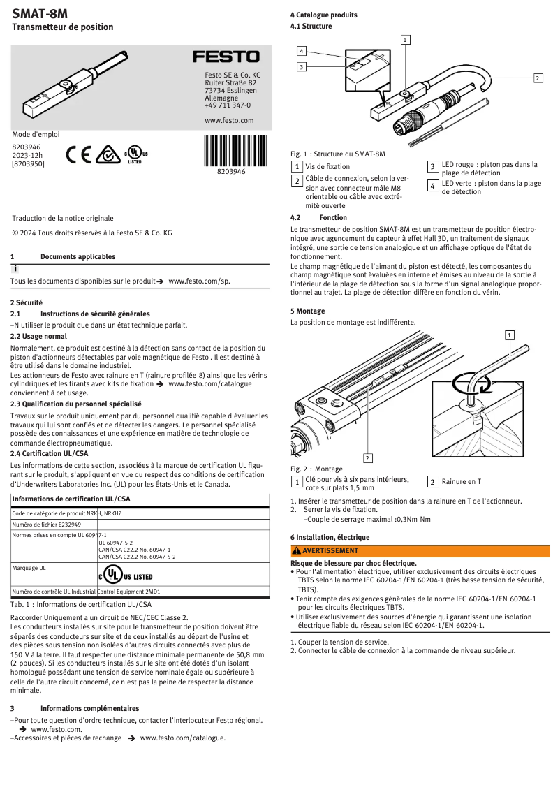 Page 1 de la notice Manuel utilisateur Festo SMAT-8M-U-E-0,3-M8D
