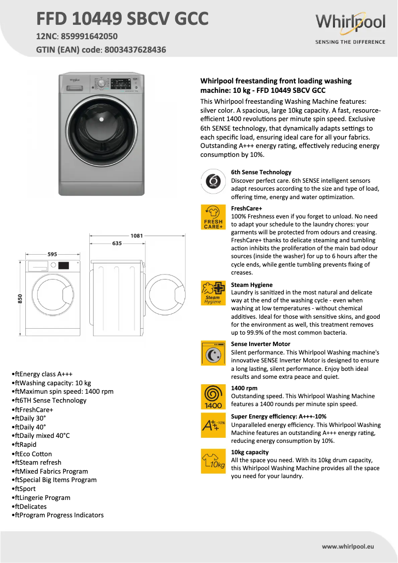 Page 1 de la notice Fiche technique Whirlpool FFD 10449 SBCV GCC