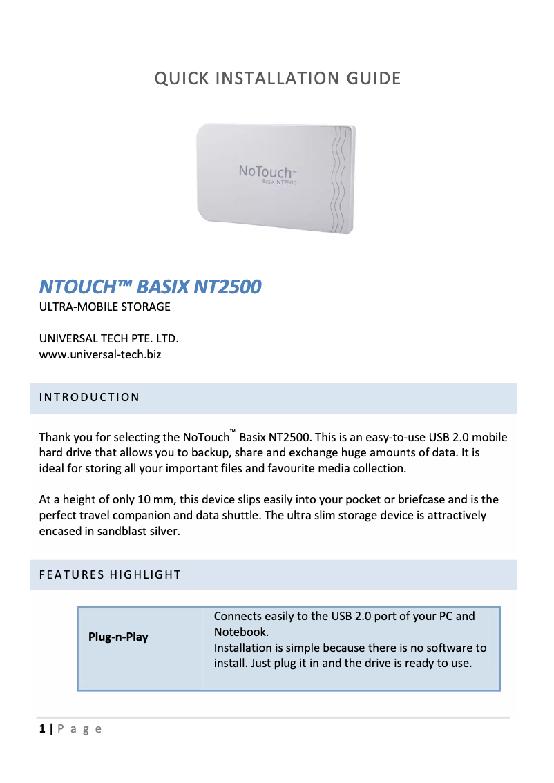 Page n°1 - Manuel utilisateur Universal-Tech NoTouch Basix NT2500