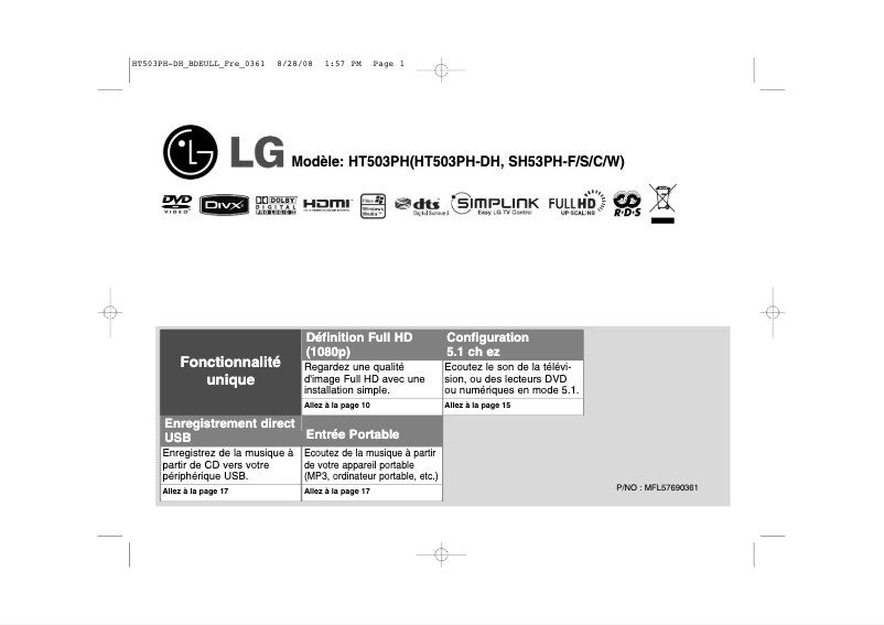 Page 1 de la notice Manuel utilisateur LG HT503PH
