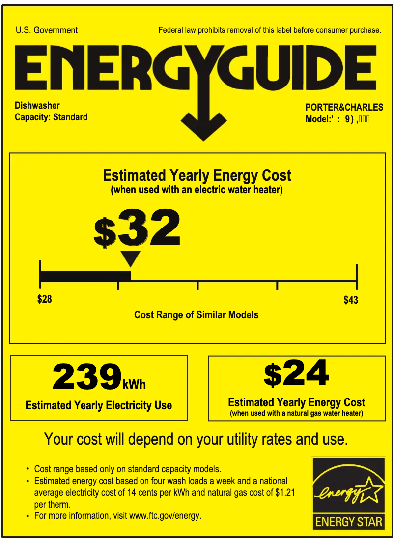 Page 1 de la notice Label énergétique Porter & Charles DWVFI18