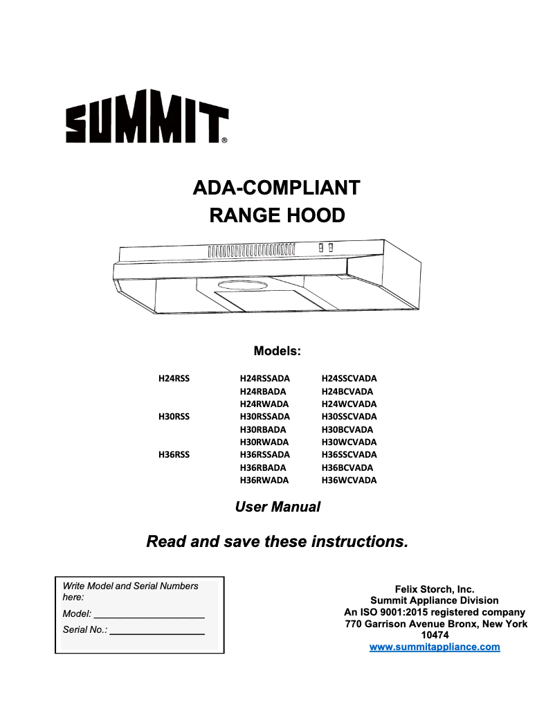 Page 1 de la notice Manuel utilisateur Summit H24RSSADA