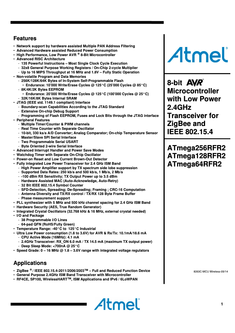 Page 1 de la notice Fiche technique Microchip ATmega128RFR2