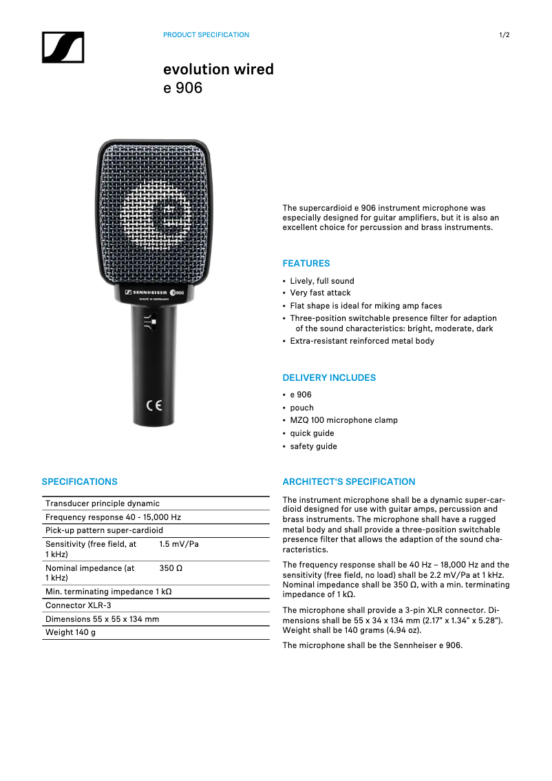 Page n°1 - Fiche technique Sennheiser e 906