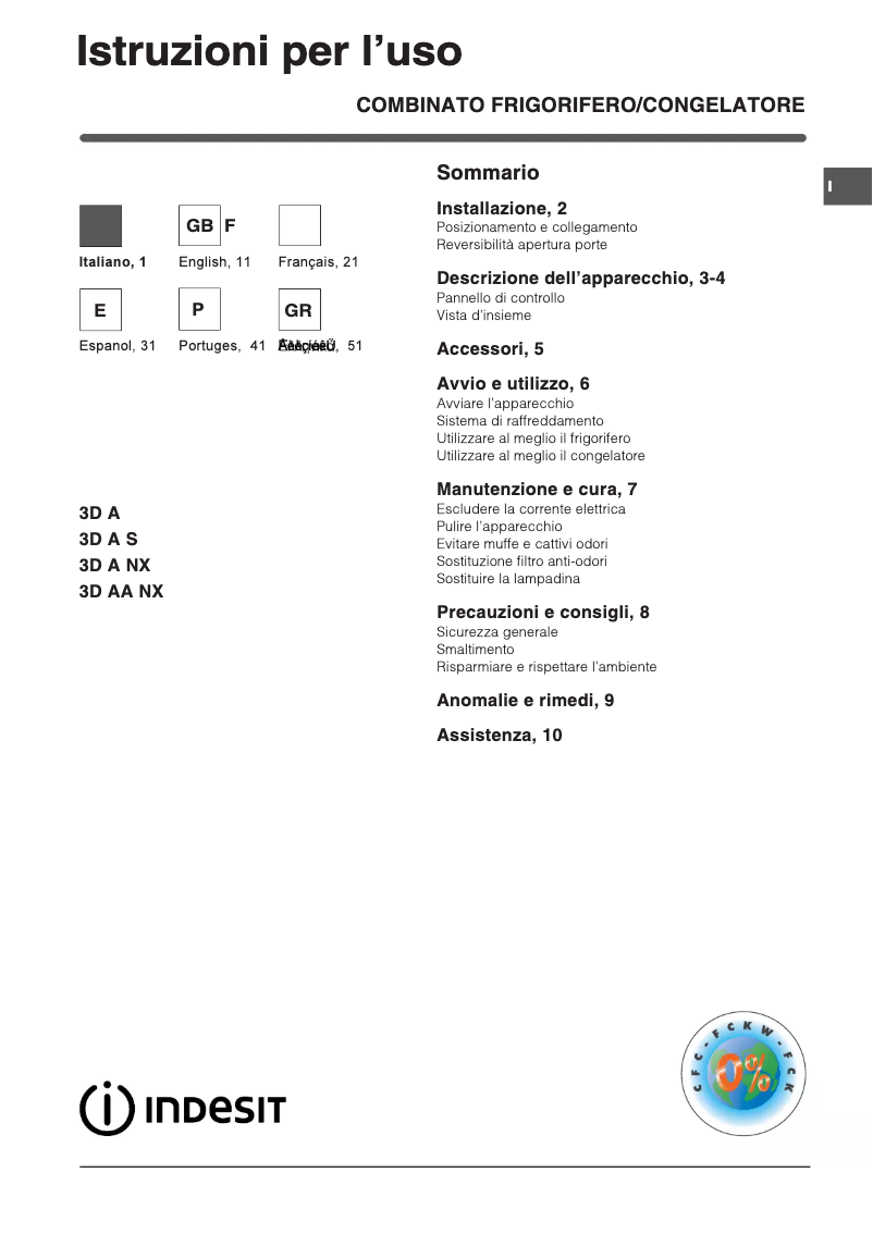Page 1 de la notice Manuel utilisateur Indesit 3D A N X