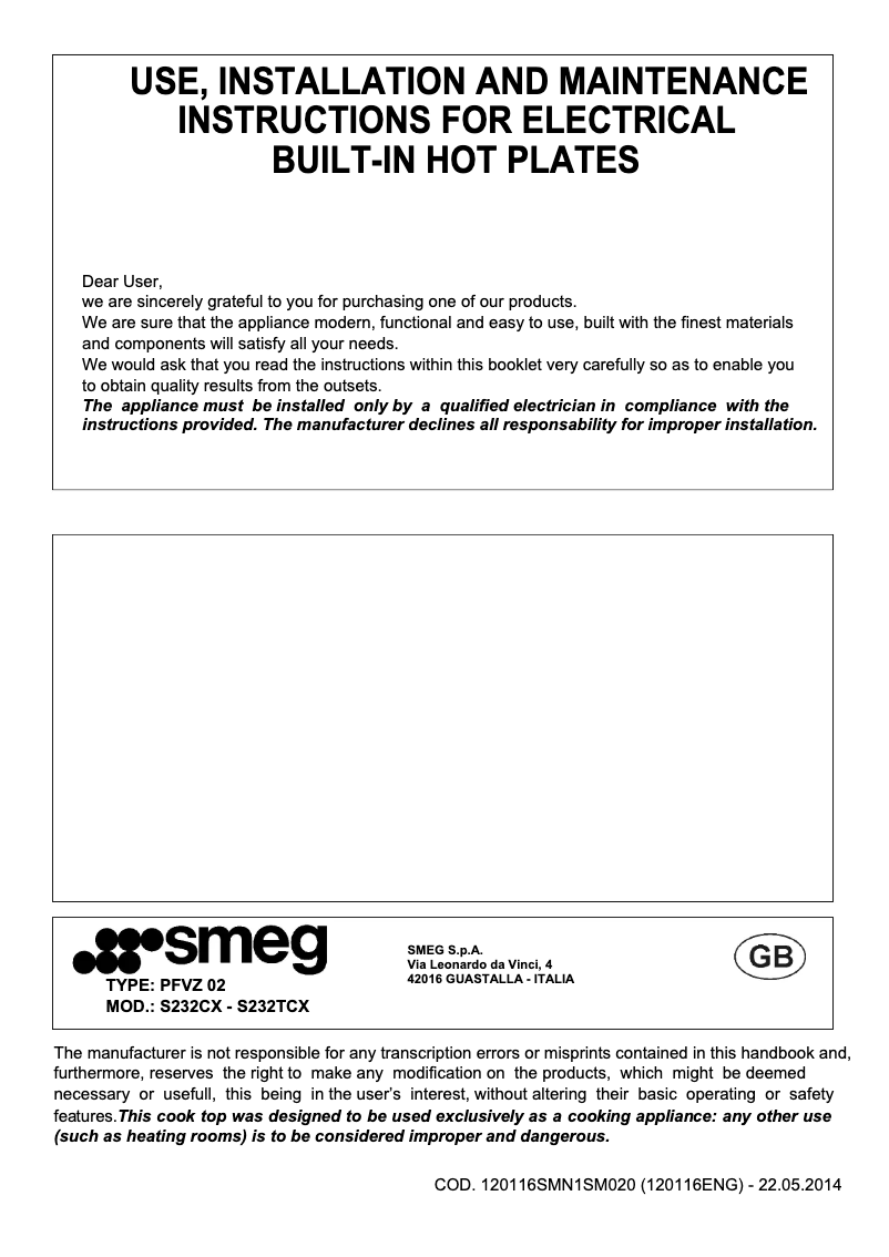 Page 1 de la notice Mode d'emploi Smeg S232CX