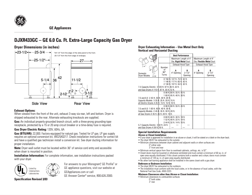 Page n°1 - Fiche technique GE DJXR433GCWW