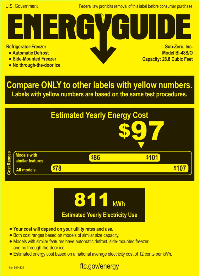Page 1 de la notice Label énergétique Sub-Zero BI-48O
