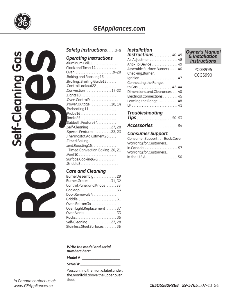 Page 1 of the manual User Manual GE PCGB995SETSS