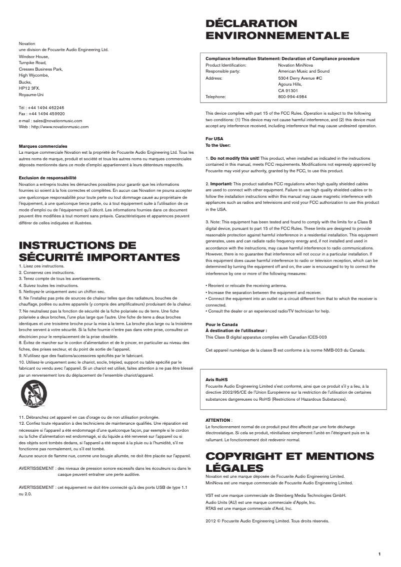 Page 1 de la notice Manuel utilisateur Novation Mininova
