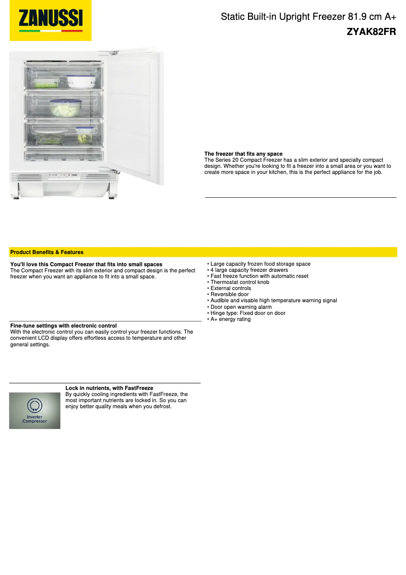 Page 1 de la notice Fiche technique Zanussi ZYAK82FR