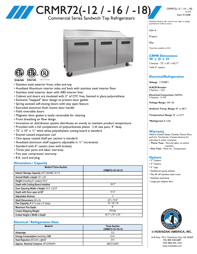 Page 1 de la notice Fiche technique Hoshizaki CRMR72-16