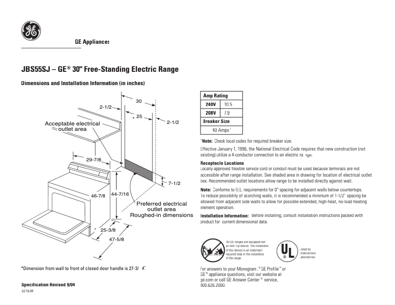 Page 1 of the manual Technical Sheet GE JBS55SJSS
