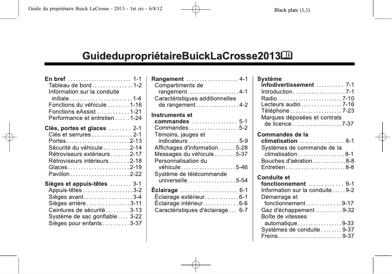 Page 1 de la notice Manuel utilisateur Buick Lacrosse (2013)